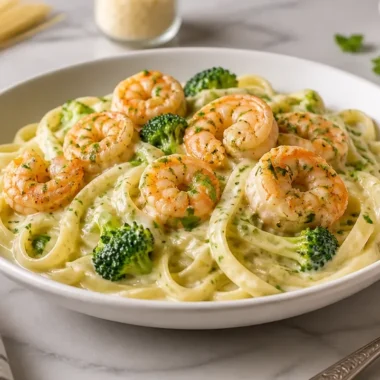 Shrimp Broccoli Alfredo dish with shrimp, broccoli, and fettuccine in creamy sauce