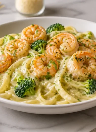 Shrimp Broccoli Alfredo dish with shrimp, broccoli, and fettuccine in creamy sauce