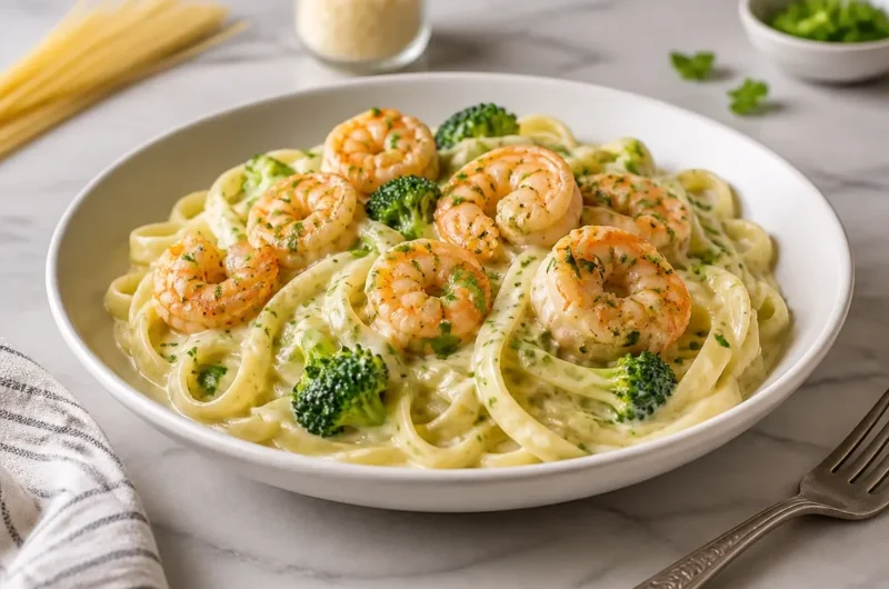 Shrimp Broccoli Alfredo dish with shrimp, broccoli, and fettuccine in creamy sauce