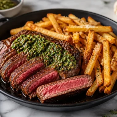Sizzling skillet steak frites with paprika parmesan fries on a plate