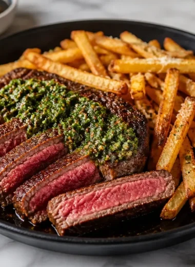 Sizzling skillet steak frites with paprika parmesan fries on a plate