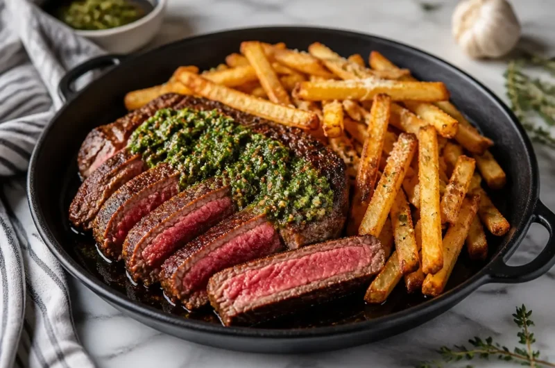 Sizzling skillet steak frites with paprika parmesan fries on a plate