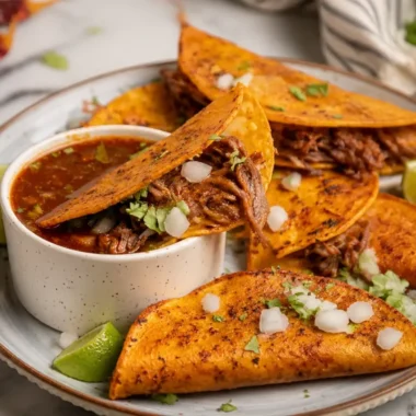 Delicious slow cooker birria tacos garnished with cilantro and onions