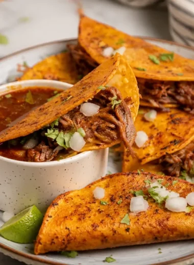 Delicious slow cooker birria tacos garnished with cilantro and onions