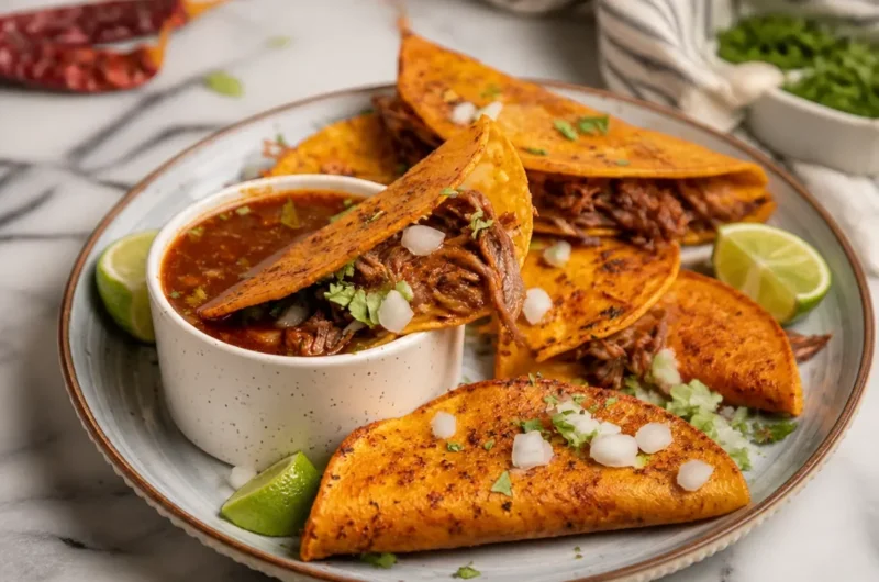 Delicious slow cooker birria tacos garnished with cilantro and onions