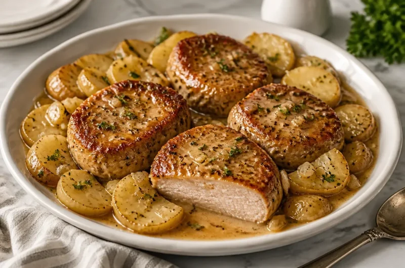 Delicious slow cooker pork chops served with potatoes