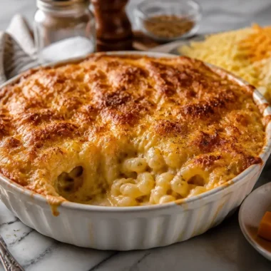 Bowl of creamy smoked mac and cheese topped with crispy breadcrumbs