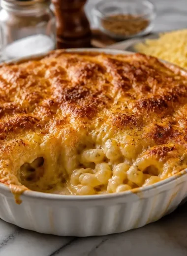 Bowl of creamy smoked mac and cheese topped with crispy breadcrumbs
