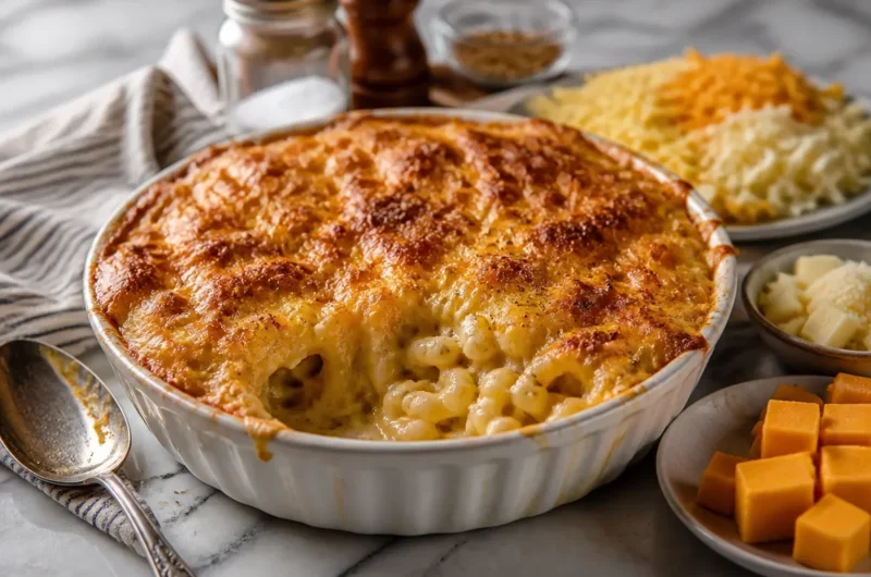 Bowl of creamy smoked mac and cheese topped with crispy breadcrumbs