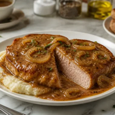 Delicious smothered pork chops served with gravy and vegetables