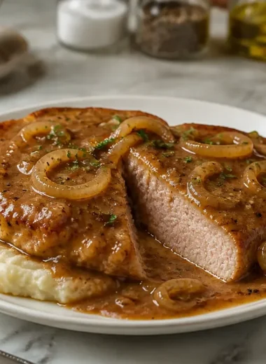 Delicious smothered pork chops served with gravy and vegetables