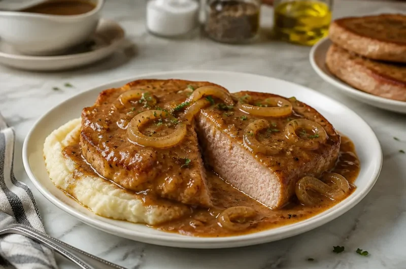 Delicious smothered pork chops served with gravy and vegetables