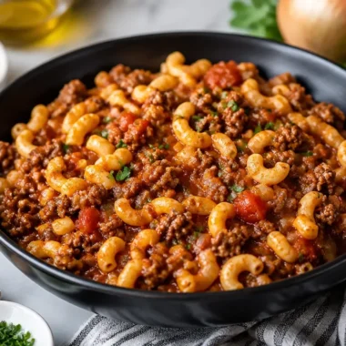 Southern Style Goulash served in a bowl garnished with herbs.