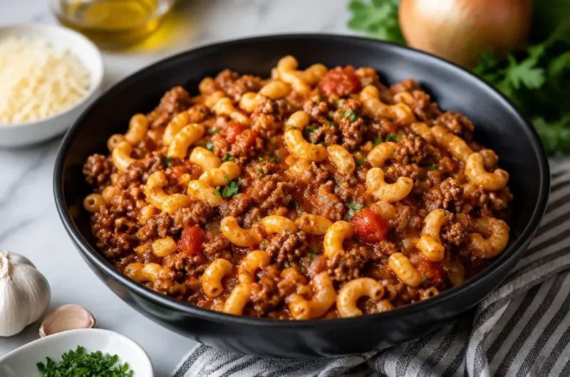 Southern Style Goulash served in a bowl garnished with herbs.