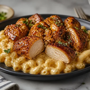 Delicious honey pepper chicken served with creamy macaroni cheese