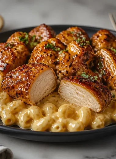 Delicious honey pepper chicken served with creamy macaroni cheese