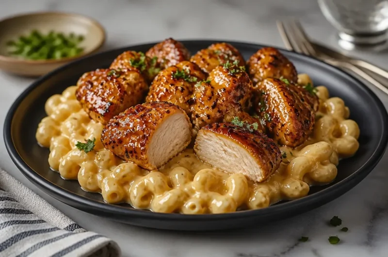 Delicious honey pepper chicken served with creamy macaroni cheese