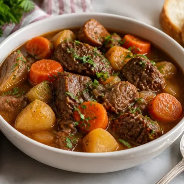 Delicious slow cooker beef stew with vegetables in a rustic bowl.