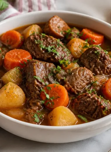 Delicious slow cooker beef stew with vegetables in a rustic bowl.