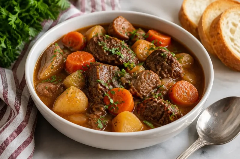 Delicious slow cooker beef stew with vegetables in a rustic bowl.